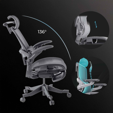 ergonomische bureaustoel zwart erghos x1 netstof mesh 3d verstelbare armleuningen dubbele lumbale steun hoofdsteun 4