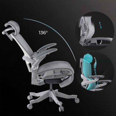 ergonomische bureaustoel wit grijs erghos x1 netstof mesh 3d verstelbare armleuningen dubbele lumbale steun hoofdsteun 4