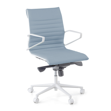 luxe bureaustoel wit blauw lage rugleuning witte structuur kunstleder vaste armleuningen 1