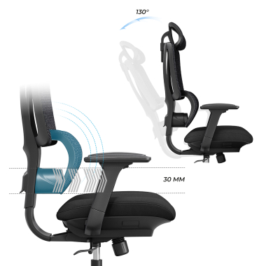ergonomische bureaustoel zwart essenza netstof mesh 3d verstelbare armleuningen dubbele lumbale steun hoofdsteun 6