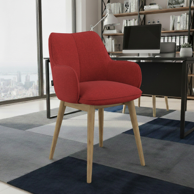 scandinavische stoel rood houten poten stof gestoffeerde armleuningen 2