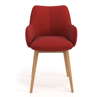 scandinavische stoel rood houten poten stof gestoffeerde armleuningen 4