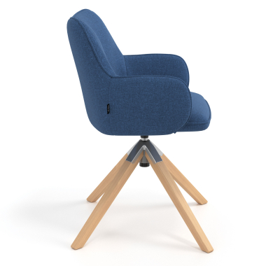 kuipstoel blauw draaistoel hout stof gestoffeerde armleuningen 3
