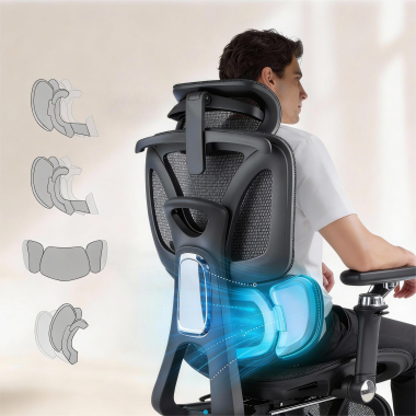 ergonomische bureaustoel zwart sense ultra netstof mesh 4d verstelbare armleuningen lumbale steun hoofdsteun uitschuifbare voetensteun 3