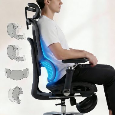ergonomische bureaustoel zwart sense ultra netstof mesh 4d verstelbare armleuningen lumbale steun hoofdsteun uitschuifbare voetensteun 4