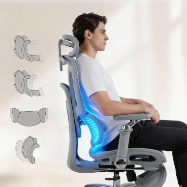 ergonomische bureaustoel grijs sense ultra netstof mesh 4d verstelbare armleuningen lumbale steun hoofdsteun uitschuifbare voetensteun 4