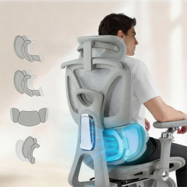ergonomische bureaustoel grijs sense ultra netstof mesh 4d verstelbare armleuningen lumbale steun hoofdsteun uitschuifbare voetensteun 3