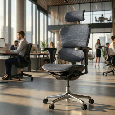ergonomische bureaustoel grijs zwarte structuur volledig gestoffeerd stof beweegbare armleuningen hoofdsteun 2