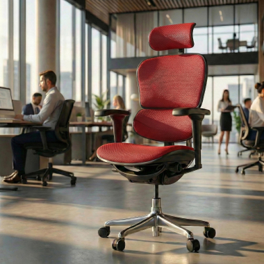 ergonomische bureaustoel rood zwarte structuur volledig gestoffeerd stof beweegbare armleuningen hoofdsteun 2