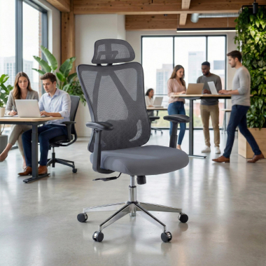 ergonomische bureaustoel grijs matrix netstof mesh beweegbare armleuningen lumbale steun hoofdsteun 2