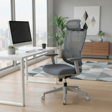 ergonomische bureaustoel wit grijs essenza netstof mesh 3d verstelbare armleuningen dubbele lumbale steun hoofdsteun 2
