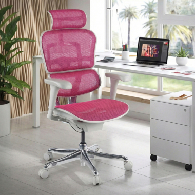 ergonomische bureaustoel wit roze witte structuur net netstof mesh beweegbare armleuningen hoofdsteun 2