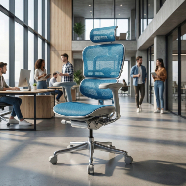ergonomische bureaustoel wit blauw witte structuur net netstof mesh 5d verstelbare armleuningen hoofdsteun 2