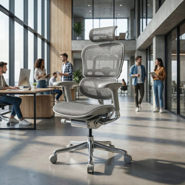 ergonomische bureaustoel wit grijs witte structuur net netstof mesh 5d verstelbare armleuningen hoofdsteun 2