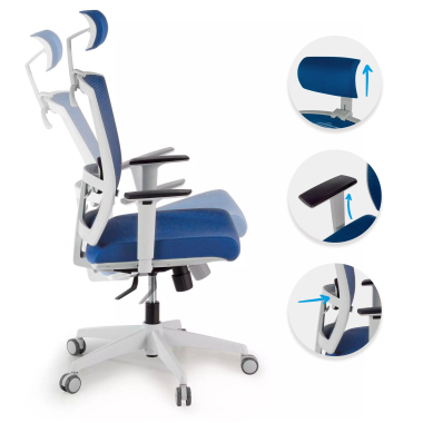 ergonomische bureaustoel wit blauw witte structuur hoofdsteun netstof mesh 1d verstelbare armleuningen lumbale steun hoofdsteun 3