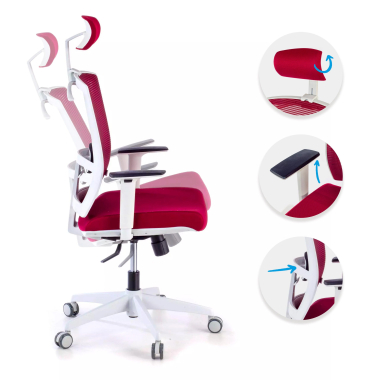 ergonomische bureaustoel wit rood witte structuur hoofdsteun netstof mesh 1d verstelbare armleuningen lumbale steun hoofdsteun 3