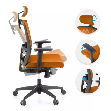 ergonomische bureaustoel oranje zwarte structuur hoofdsteun netstof mesh 1d verstelbare armleuningen lumbale steun hoofdsteun 3