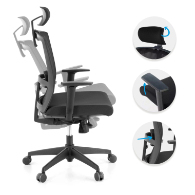 ergonomische bureaustoel zwart zwarte structuur hoofdsteun netstof mesh 1d verstelbare armleuningen lumbale steun hoofdsteun 3