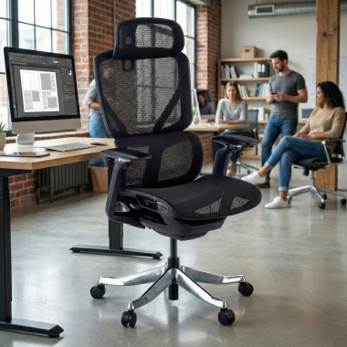 ergonomische bureaustoel zwart aerofit zwart frame netstof mesh 4d verstelbare armleuningen dubbele lumbale steun hoofdsteun 2
