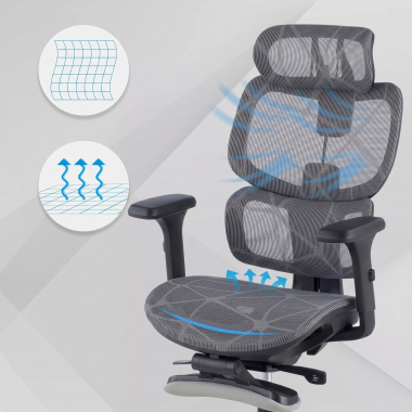 ergonomische bureaustoel grijs every netstof mesh 3d verstelbare armleuningen hoofdsteun uitschuifbare voetensteun 4