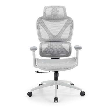 ergonomische bureaustoel wit grijs velstrom netstof mesh 3d verstelbare armleuningen dubbele lumbale steun hoofdsteun 3
