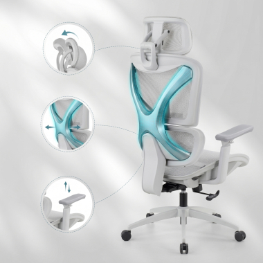 ergonomische bureaustoel wit grijs velstrom netstof mesh 3d verstelbare armleuningen dubbele lumbale steun hoofdsteun 8
