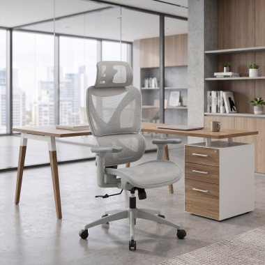 ergonomische bureaustoel wit grijs velstrom netstof mesh 3d verstelbare armleuningen dubbele lumbale steun hoofdsteun 16
