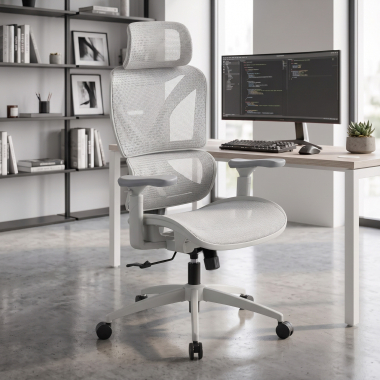 ergonomische bureaustoel wit grijs velstrom netstof mesh 3d verstelbare armleuningen dubbele lumbale steun hoofdsteun 2
