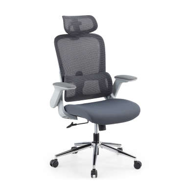 ergonomische bureaustoel grijs dexter netstof mesh opklapbare armleuningen lumbale steun hoofdsteun 1