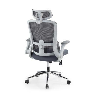ergonomische bureaustoel grijs dexter netstof mesh opklapbare armleuningen lumbale steun hoofdsteun 11