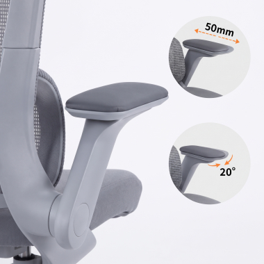 ergonomische bureaustoel grijs dexter netstof mesh opklapbare armleuningen lumbale steun hoofdsteun 10