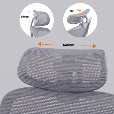 ergonomische bureaustoel grijs dexter netstof mesh opklapbare armleuningen lumbale steun hoofdsteun 9