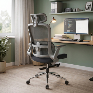 ergonomische bureaustoel grijs dexter netstof mesh opklapbare armleuningen lumbale steun hoofdsteun 2