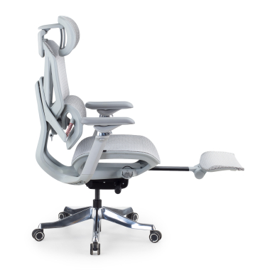 ergonomische bureaustoel wit grijs glide ultra netstof mesh 5d verstelbare armleuningen lumbale steun hoofdsteun uitschuifbare voetensteun 12