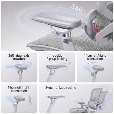 ergonomische bureaustoel wit grijs glide ultra netstof mesh 5d verstelbare armleuningen lumbale steun hoofdsteun uitschuifbare voetensteun 8