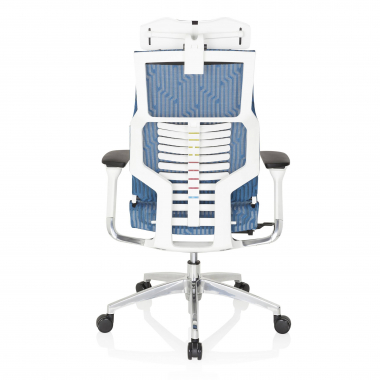 goedkope bureaustoel wit blauw witte structuur netstof mesh 4d verstelbare armleuningen lumbale steun hoofdsteun 7