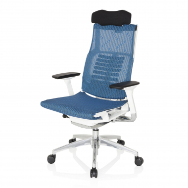 goedkope bureaustoel wit blauw witte structuur netstof mesh 4d verstelbare armleuningen lumbale steun hoofdsteun 10