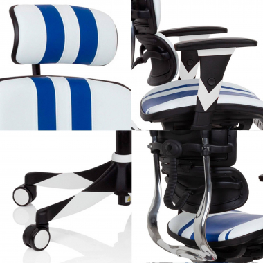 gamestoel blauw ergoplus echt leder 3d verstelbare armleuningen lumbale steun uitschuifbare voetensteun 6