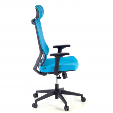 bureaustoel blauw met hoofdkussen netstof mesh 1d verstelbare armleuningen lumbale steun hoofdsteun 5