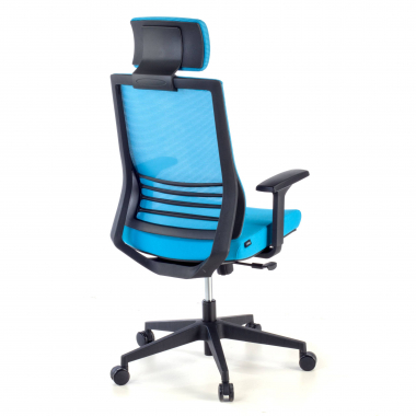 bureaustoel blauw met hoofdkussen netstof mesh 1d verstelbare armleuningen lumbale steun hoofdsteun 6