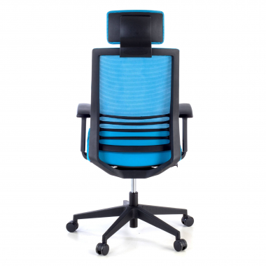 bureaustoel blauw met hoofdkussen netstof mesh 1d verstelbare armleuningen lumbale steun hoofdsteun 7