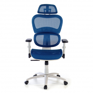 ergonomische bureaustoel wit blauw witte structuur netstof mesh 3d verstelbare armleuningen dubbele lumbale steun hoofdsteun 5