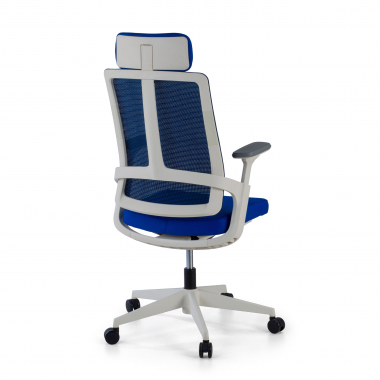 goedkope bureaustoel wit blauw witte structuur netstof mesh 4d verstelbare armleuningen lumbale steun hoofdsteun 6