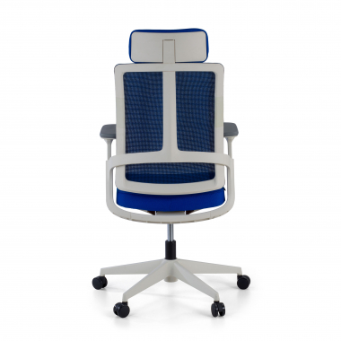 goedkope bureaustoel wit blauw witte structuur netstof mesh 4d verstelbare armleuningen lumbale steun hoofdsteun 7