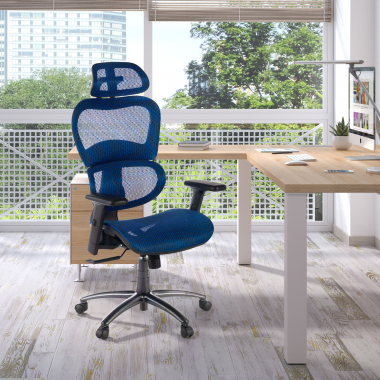 ergonomische bureaustoel blauw zwarte structuur netstof mesh 3d verstelbare armleuningen dubbele lumbale steun hoofdsteun 2