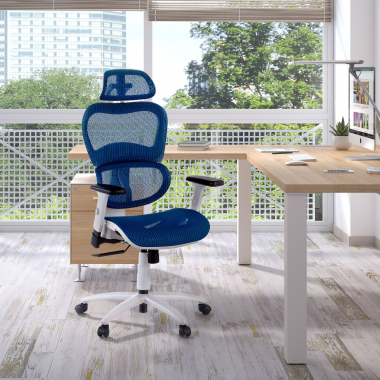 ergonomische bureaustoel wit blauw witte structuur netstof mesh 3d verstelbare armleuningen dubbele lumbale steun hoofdsteun 2