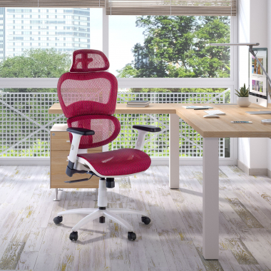 ergonomische bureaustoel wit rood witte structuur netstof mesh 3d verstelbare armleuningen dubbele lumbale steun hoofdsteun 2