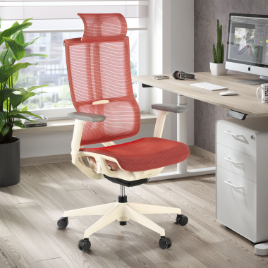 ergonomische bureaustoel wit rood witte structuur netstof mesh 3d verstelbare armleuningen dubbele lumbale steun hoofdsteun 2
