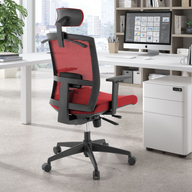 ergonomische bureaustoel rood zwarte structuur hoofdsteun netstof mesh 1d verstelbare armleuningen lumbale steun hoofdsteun 2