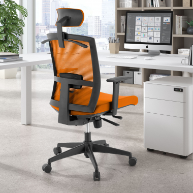ergonomische bureaustoel oranje zwarte structuur hoofdsteun netstof mesh 1d verstelbare armleuningen lumbale steun hoofdsteun 2
